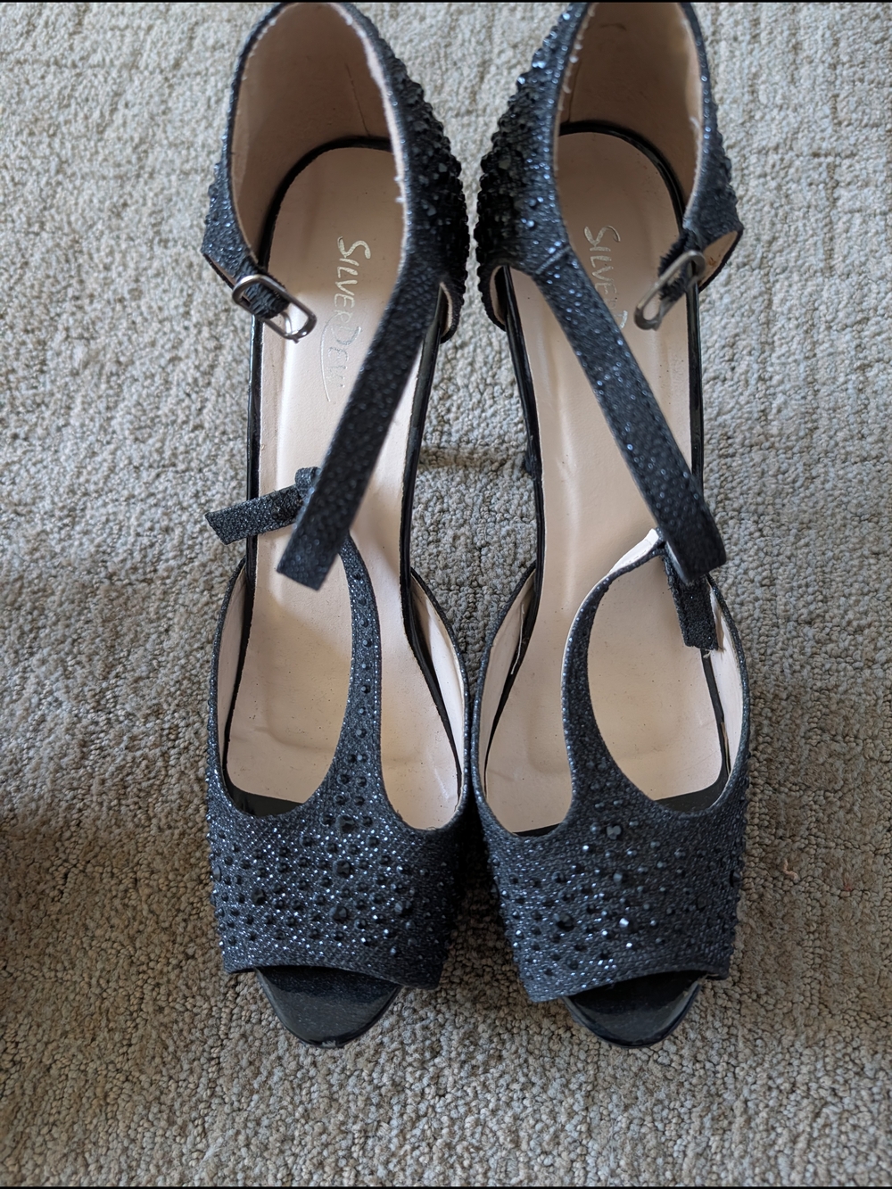 Black Sparkle Peep-Toe Heels with Ankle Strap